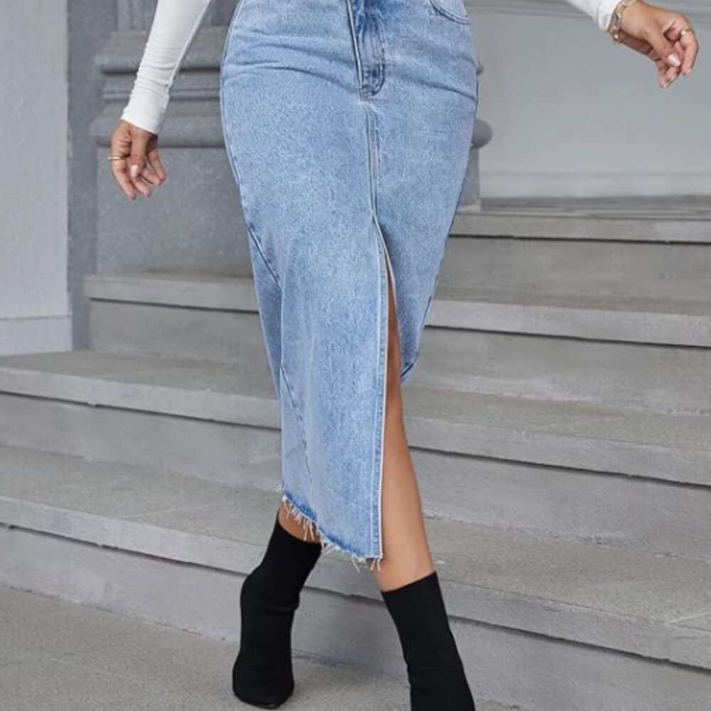 High Waist Asymmetrical Denim Skirt | M - Picture 2 of 7
